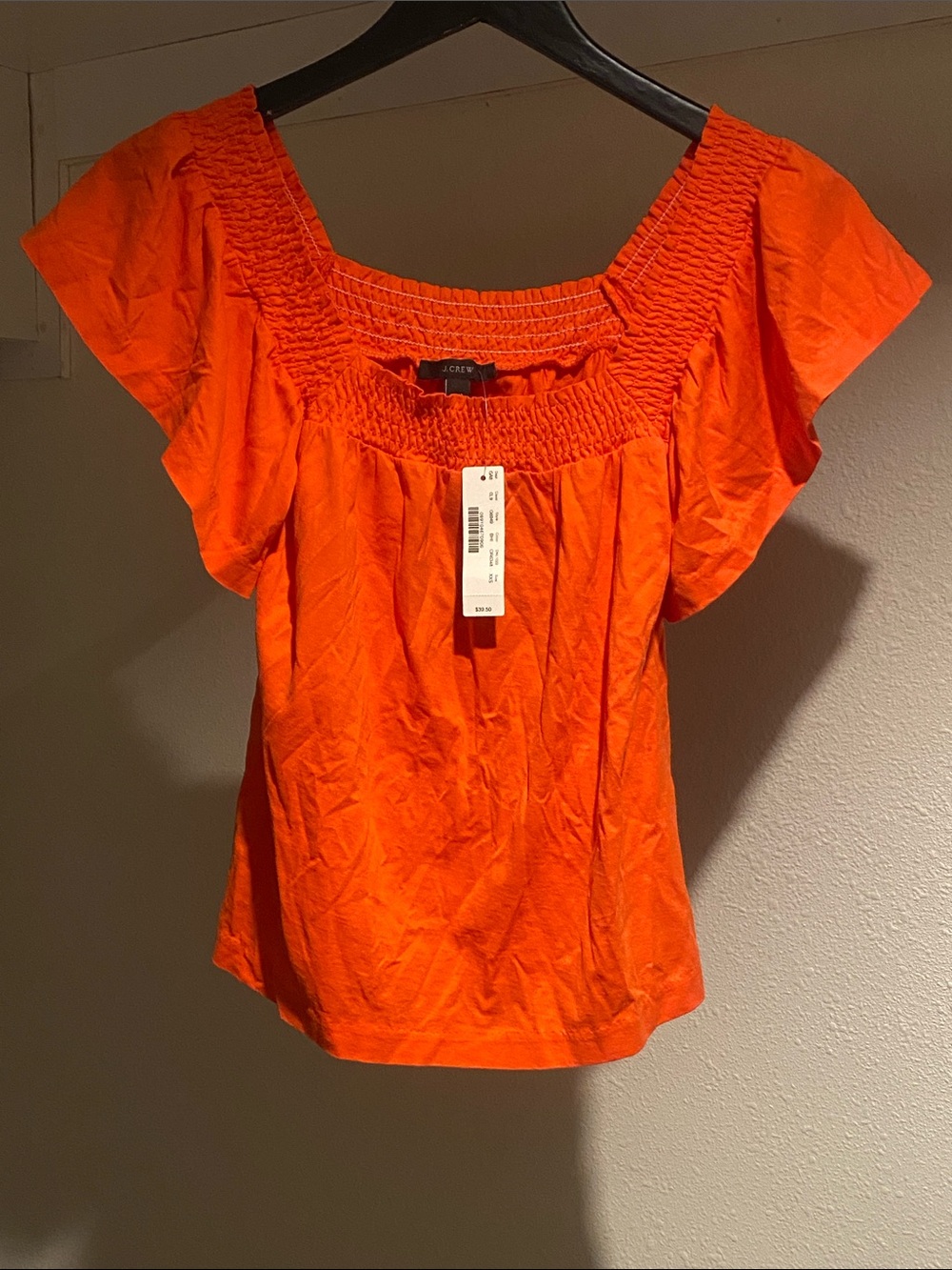 J. Crew Orange Smocked Square-Neck Blouse Butterfly Sleeves. Size XXS.